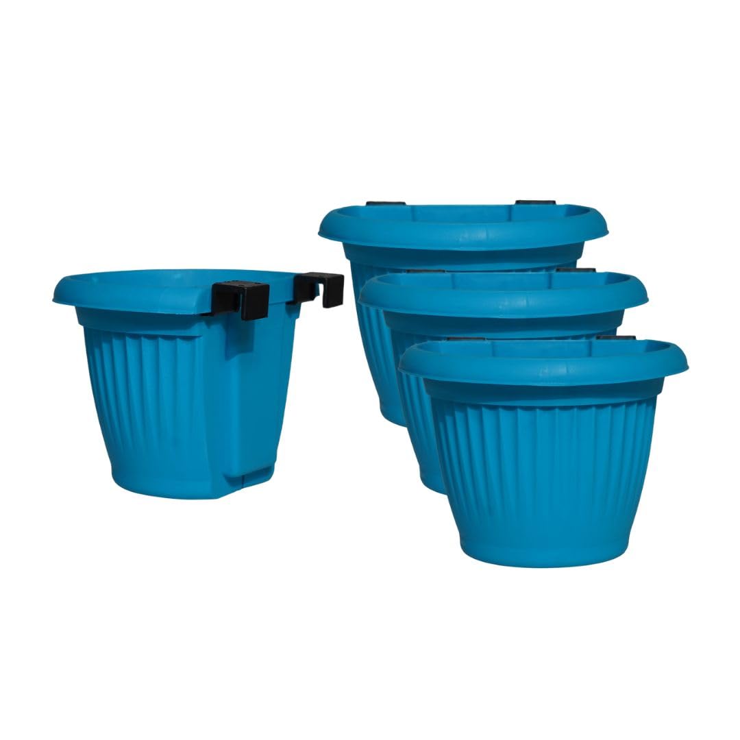 Harshdeep Hanging Pots - Bello - Indoor Outdoor Home Balcony Garden Decorative Railing Planter 8 Inch Set of 4 (Blue)
