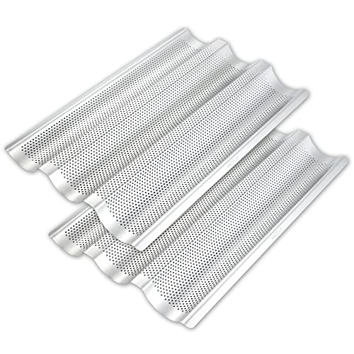 AYCCNH Französische Baguette-Brotpfanne aus Edelstahl, perforierte Kastenformen zum Backen, 38,1 x 25,4 cm, 3 Wellen, Toaster, Backblech, 2 Stück