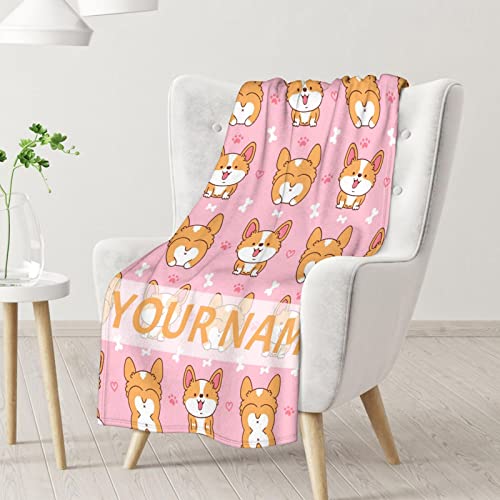 Personalized Corgi Blanket Gifts with Name - 60"x80" Cute Throw for Adults, Kids - Pink Soft Fuzzy Blankets for Bed, Couch & Living Room