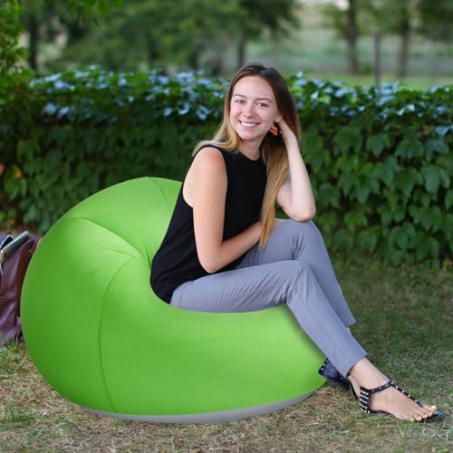 Image of Realspring Inflatable Bean Bag Chairs Outdoor Blow up Camping Chairs Inflatable Lazy Sofa Folding Portable Bean Bag Loungers Couch for Movie Night(Orange, Green,2 Pcs)