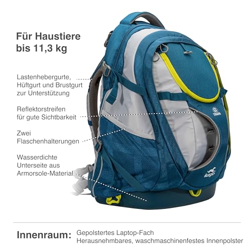 Kurgo G-Train Hundetransportrucksack - Bequeme Reisetasche für Hunde bis zu 11 kg - Wasserdichter Boden - Rucksack mit Mehreren Fächern - Wanderzubehör, Robuster Abenteuerrucksack - Tintenblau