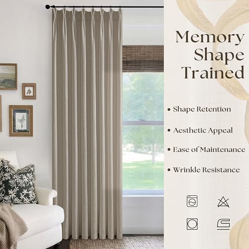 Image of 102 Inch Long Curtains Pinch Pleat Flax Linen Curtains Living Room Taupe | Bedroom, Light Filtering, Privacy, Neutral, Pleated Drapes, Hooks Rings, Back Tab, Grey Beige, Ceiling Window, Sliding Door