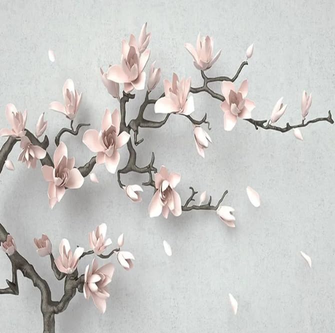 Papier peint 3D magnolia rose pour masquer un mur vide du salon