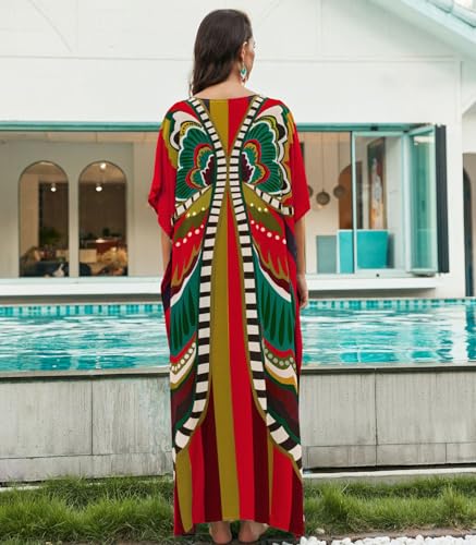 Image of sunforyou Kaftan Dresses for Women Plus Size Lightweight Swimsuit Cover up Batwing Sleeve Print Loungewear Beach Robe