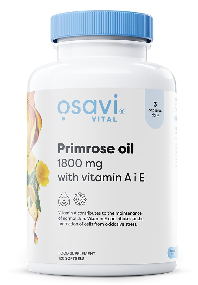 Osavi Primrose Oil 1800 mg with Vitamin A & E – 120 Softgels | Cold–Pressed Evening Primrose Oil with GLA, Enriched with Vitamin A & E | Supports Skin Health & Cell Protection