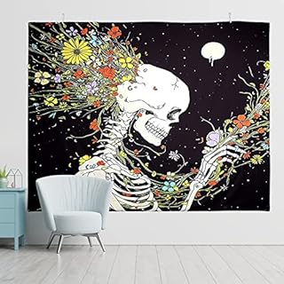Yordawn Skull Tapestry Wall Art Wall Tapestry Meditation Skeleton and Fantastic Flowers Pattern Tapestry for Bedroom Aesthetic Wall Hanging Decoration Living Room Kitchen Bedroom Decor 150x200CM