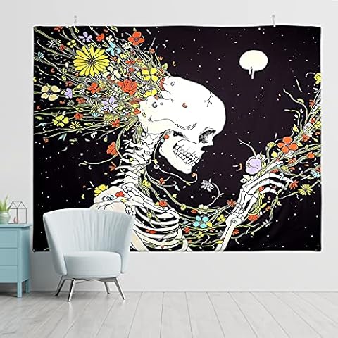 Yordawn Skull Tapestry Wall Art Wall Tapestry Meditation Skeleton and Fantastic Flowers Pattern Tapestry for Bedroom Aesthetic Wall Hanging Decoration Living Room Kitchen Bedroom Decor 150x200CM Cover