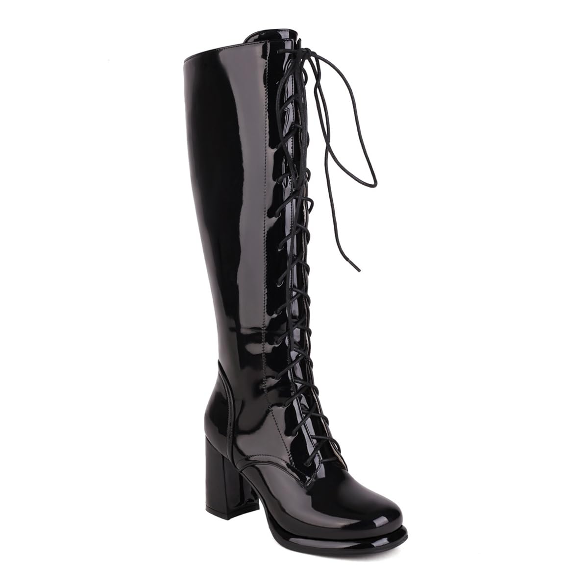 Womens Fashion Knee High Tall Boots Square Toe Lace Up Zipper Chunky High Heels Long Wide Calf Dressy