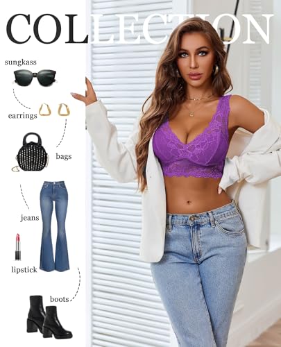 Image of Avidlove Bralettes for Women Lace Bra Non Padded Longline Bralette Deep V Triangle Sexy Everyday Lingerie Bras