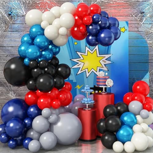 128 Pcs Red Blue Black Balloon Arch Kit, Black Red and White Navy Blue Double Stuffed Balloon Garland Kit, Latex Matte Balloons Different Sizes for Boys Baby Shower Superhero Birthday Decorations
