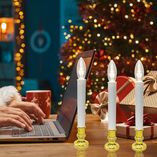 Image of Oviejo 4 Pack Christmas Electric Candles, Electric Candle Lamps with Gold Base, Christmas Window Candles with 6-18 Timer On /Off for Home Table Weddings Holiday Decor