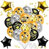 Dekoration für die Abschlussfeier 2021: Diese goldenen, schwarzen und silbernen Luftballons, Glückwünsche und Abschlusskappen für die Abschlussfeier 2021 verleihen Ihnen Farbe und verleihen Ihrer Abschlussfeier-Dekoration einen vollständigen Look.