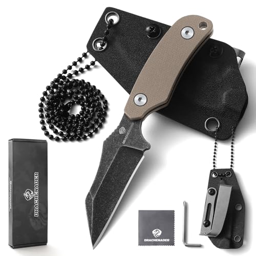 DRACHENADER Cuchillo de Cuello con Wharncliffe Pequeña funda con acero D2, Full Tang Pequeño mini cuchillo de outdoor perfecto para senderismo y EDC
