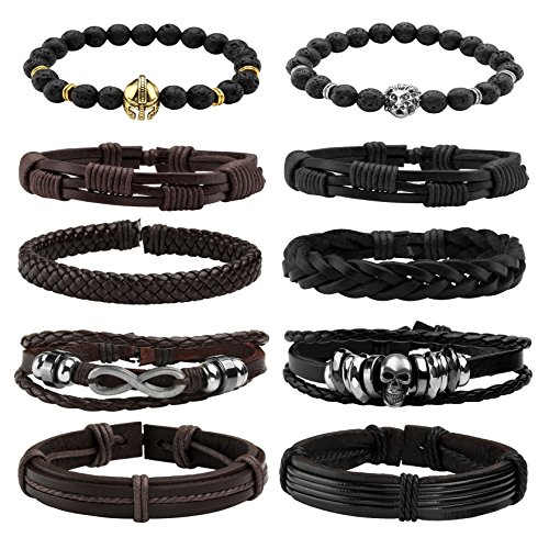 MILAKOO 6 pièces Bracelet en Cuir tressé pour Hommes Femmes Bracelet en Bois perlé Manchette Wrap réglable, 9 5 inch, Cuir
