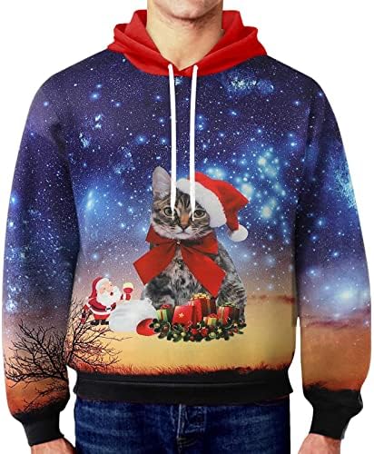 Christmas Hoodie Sweatshirts for Men Novelty 3D Printed Graphic Long Sleeve Pullover Blouses Xmas Reindeer Print Holiday Funny Blouse Tops