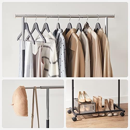 SONGMICS Clothes Rail, Clothes Rack, Garment Rack on Wheels, Hanging Rail for Clothes, Top Rail Holds up to 25 kg, Adjustable, Silver and Black HSR101B01