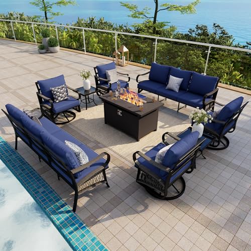Image of 9-Piece Outdoor Furniture Set, Metal Swivel Rocking Chairs with All-Weather Cushions, Patio Conversation Set with Fire Pit Table for Deck, Porch, Garden, Backyard, Poolside (Blue Cushions)