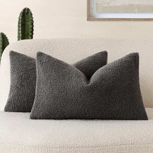 Image of Foindtower Pack of 2, Curly Faux Fur Decorative Throw Pillow Covers Soft Neutral Plush Cushion Case with Zipper Cozy Pillowcase for Home Living Room Couch Bed Sofa 12 x 20 Inch,Dark Gray