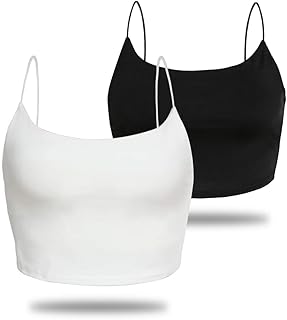 Amilia Women's Basic Solid Cami Spaghetti Double Layer Crop Tank Top