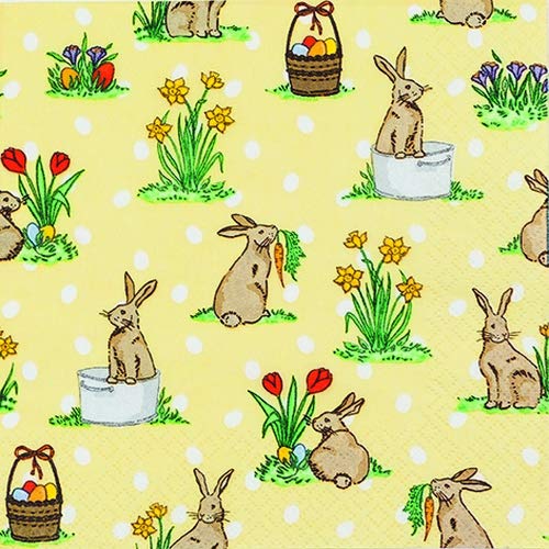 20 Servietten Mit Kleinen Hasen & Frühlingsblumen – 33x33 Cm, 3-lagig | Für Ostern, Frühlingstisch & Basteln