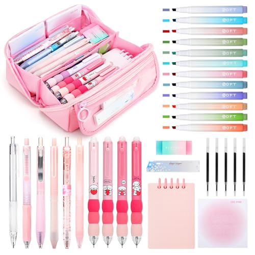 OPPZZIT Pencil Case with Stationery Included 32 Pcs School Stationery Set with 12 Highlighters 1 Mechanical Pencil 5 Gel Pens & 4 Erasable Pens Filled Large Capacity Pencil Case for Girls Pink