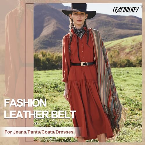 LEACOOLKEY Women Western Belt Fashion Leather Belt with Gold Buckle for Jeans Pants Plus Size Suit for Waist Size 45"-49"4