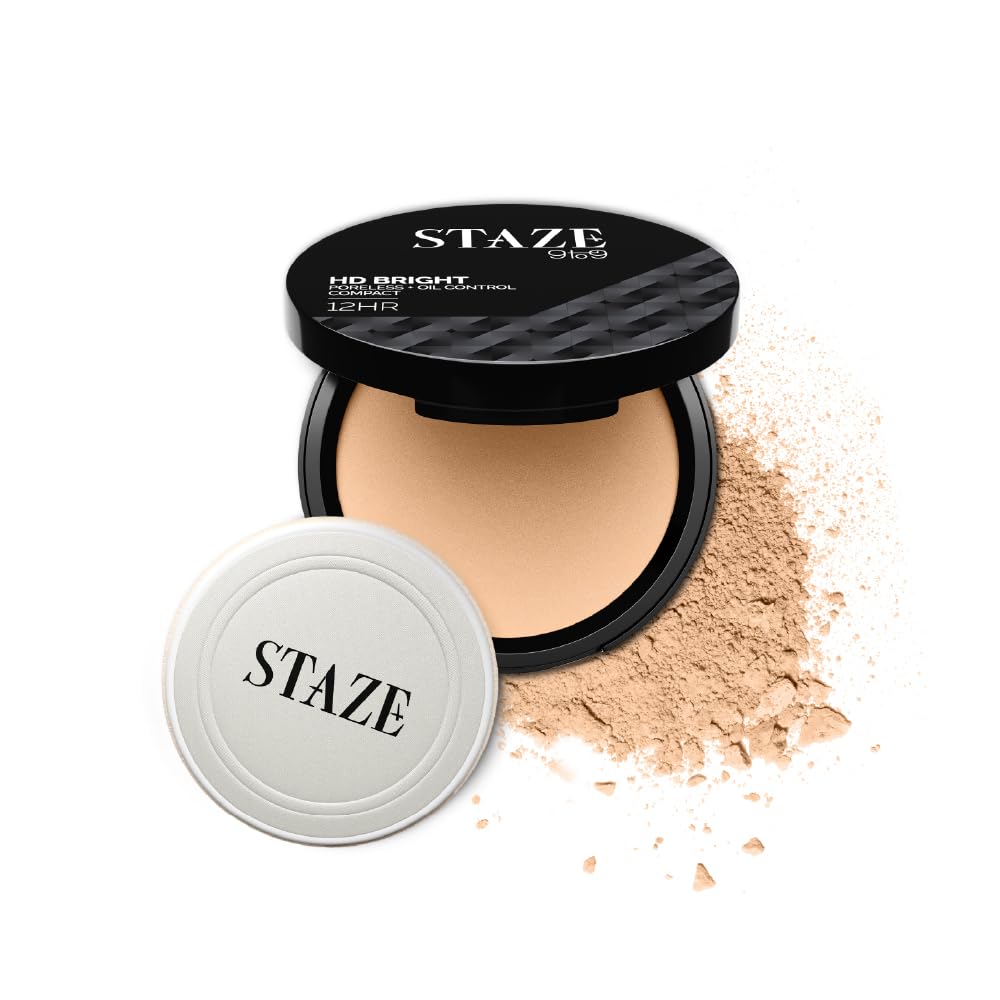 Staze 9to9 HD Bright Compact | 12hrs long stay | Poreless Matte Finish + Oil Control | Evens out Complexion, Blends effortlessly | Lightweight Microfine Formula with Vitamin E| 300W Honey 9g