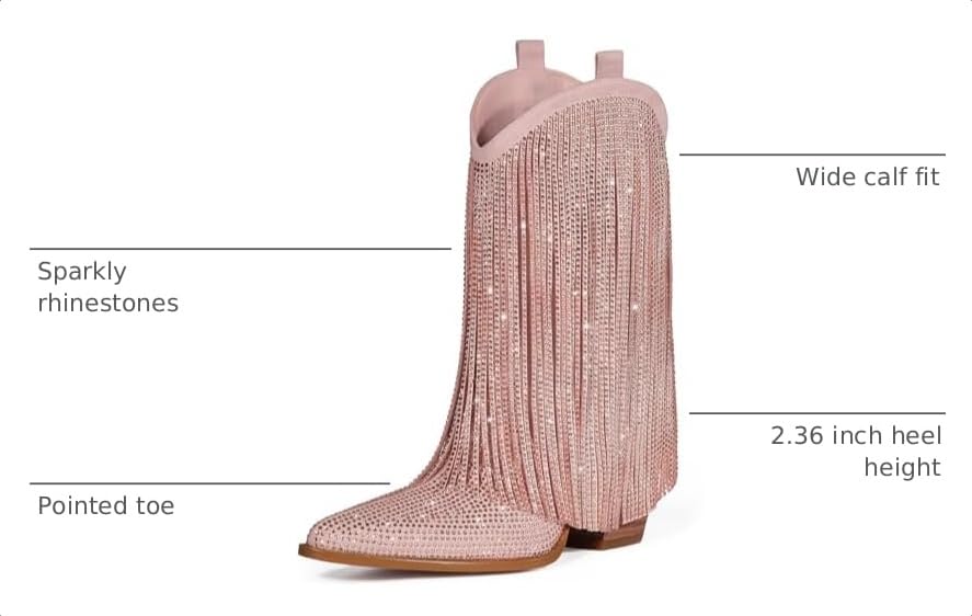 Image of Cowboy Boots for Women - Cowgirl Western Rhinestone Sparkly Fringe Chunky Heel Pointed Toe Mid Calf Boots