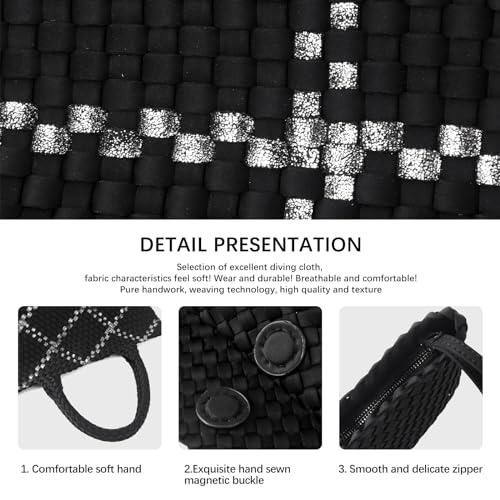 Image of Woven Bag for Women, Large Neoprene Tote Bag Summer Beach Handbag Purse Retro Handmade Travel Shoulder Bag Set