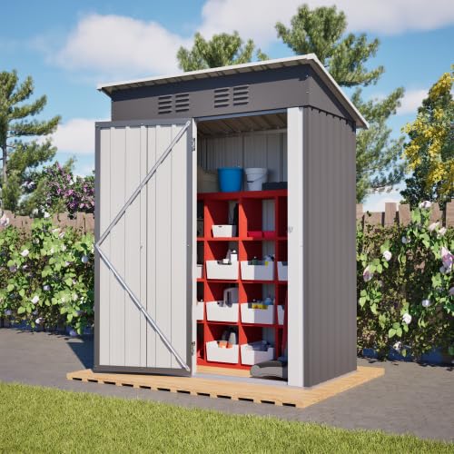 Capanno per attrezzi in metallo con tetto piatto, 152 x 84 x 182 cm – Casetta da giardino richiudibile, resistente alle intemperie, per biciclette, attrezzi da giardino, balcone, terrazza e giardino