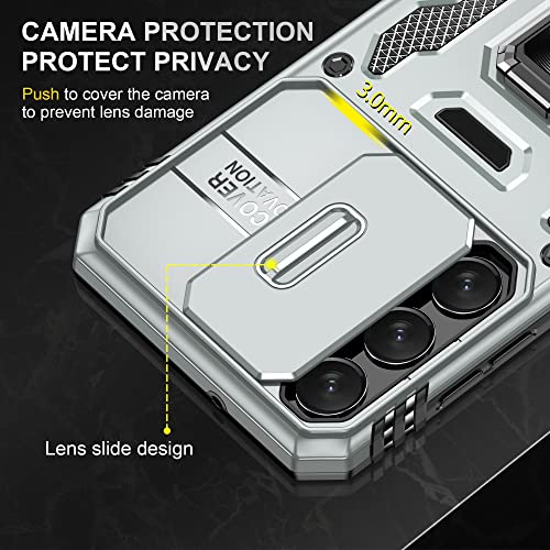 ANNGELAS for Samsung Galaxy S23 Case - Shockproof Cases for S23 5G - Built-in Slide Anti-Scratch Camera Lens Cover - Integrated Magnetic 360 Degree Rotating Ring Kickstand,6.1 Inch,Grey