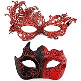 WFKKMEQ 2 Pezzi Maschera Veneziana, Maschera Veneziana Coppia, Plastica Con Bordo in Pizzo, Maschera da Ballo Mascherato Per Uomo Donna, Per Carnevale, Matrimonio, Festa a Tema - Nero Rosso