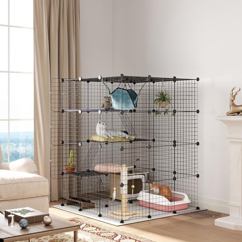 PawHut Cat Cage Indoor DIY 4 Tier Wire Cat Enclosure with Hammock Ramps Doors Jumping Platforms Detachable Catio Indoor for 1-3 Cats 105 x 105 x 140 cm Black