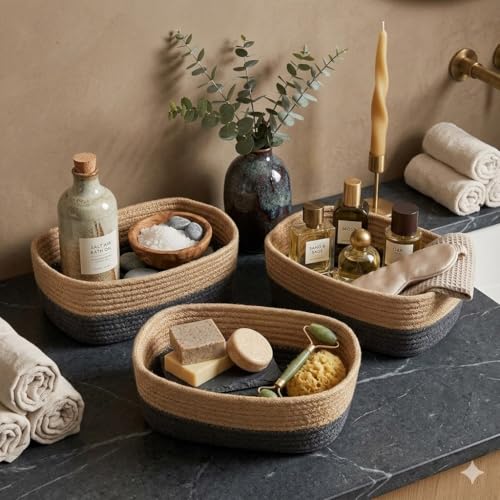 Image of 100% Natural Jute small box mini rope paper storage Round hamper baby nursery tray bucket for Living Kitchen, Office, Drawing Room,fruits, kitchen, office, Set of 3 (black and beige 3 set)