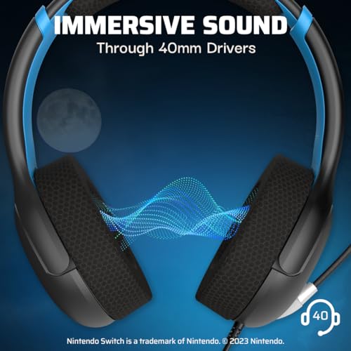 Image of PDP Gaming AIRLITE Stereo Headset with Mic for Nintendo Switch /Lite /OLED - Wired Power Noise Cancelling Microphone, Lightweight, Soft Comfort On Ear Headphones (Moonlight Black /Blue)