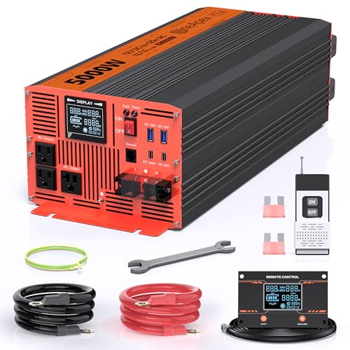 5000W Pure Sine Wave Inverter, Car Power Inverter 12V to 120V with Dual AC and 20A Socket, 18W+18W USB, 100W+30W Type-C, Surge 10000W, Remote Controller