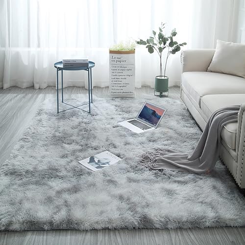 HOUSERAN Shag Area Rug 185x185cm Tie Dyed Grey, Plush Fluffy Fur Rug for Living Room Square Carpet for Bedroom Dorm Nursery Indoor - Image 2