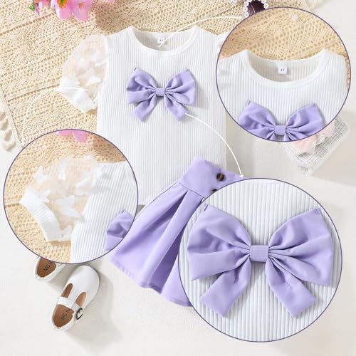 Image of Girls Summer Outfits Toddler Mesh Short Sleeve Ribbed Knit Top Mini Skirt Set Kids Clothes 2-7 Years(Purple, 2-3T)