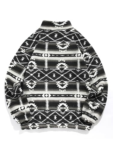 Image of ZAFUL Men 1 /4 Zipper Ethnic Aztec Fleece Unisex Winter Sweatshirt Tops 2026 | Funnel Neck Fluffy Polar Fleece Faux Sherpa Soft Thermal Pullover Kangaroo Pocket Jacket Hoodie Tops