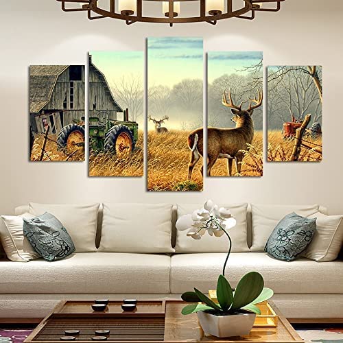 5 Panels Canvas Painting Wall Artbird Hazy Deer Barn Farm (Xxl/With Frame 200 X 100 Cm) Posters And Prints For Living Room Hotel Restaurant Office