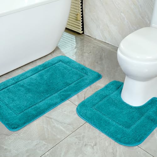 SOANNY Turquoise Bath Mat Set of 2, High Density Soft Microfiber Non-Slip Bathroom Mats, 53x86 cm Bathtub Rug & 50x50 cm Toilet Pedestal Carpet, Shower Rugs Machine Washable