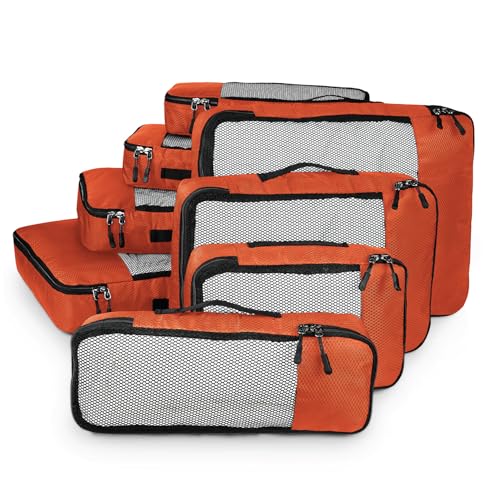 Image of FATMUG Packing Cubes Travel Pouch Bag Organiser Set of 8 (2x Large-Medium-Small and Slim) - Orange (Polyester)