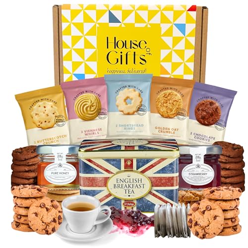 Afternoon Tea & Biscuit Hamper Gift Set with Strawberry Jam Pure Honey & Biscuits British Hampers for Women Men or Grandparents Biscuit Gift Box for Sharing Birthdays or Thank You