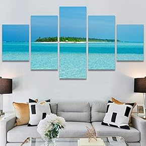 SIGNWIN 5 Panel Canvas Wall Art Beach Blue...