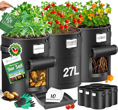 KESSER® Lot de 9 sacs de plantation pour pommes de terre 27L | Sac de plantation pour pommes de terre en tissu non tissé avec étiquettes de noms, poche de...