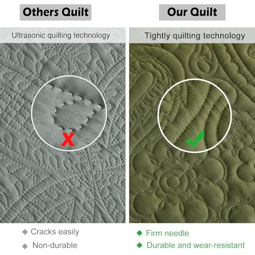 Image of EVENHUG Quilt Set King Size Soft Lightweight Olive Green Bedspreads with 2 Pillow Shams Reversible Bedding Coverlets for All Seasons 3 Piece (106 inchx96 inch)