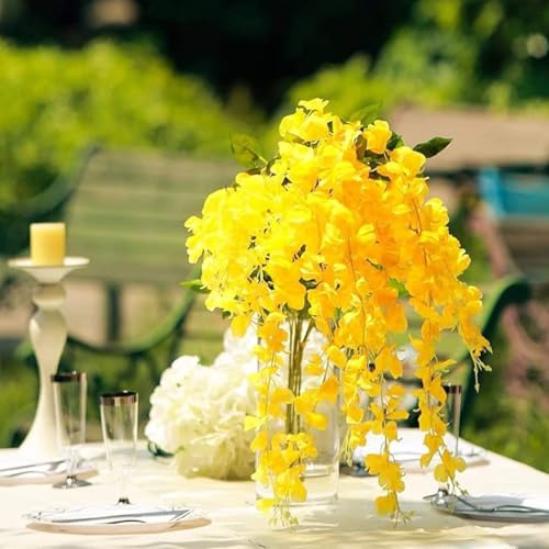 Image of 6 Pcs Artificial Polyester Hanging Flower Wisteria Vines Fake Flowers Vines for Home Party Wedding Garden Outdoor Greenery Decoration (6, Yellow)