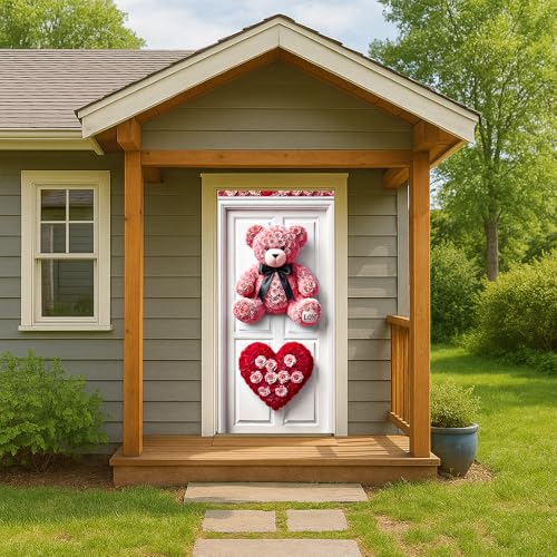 Image of Pink Rose Teddy Bear Love Heart Door Cover 35x70in Romantic