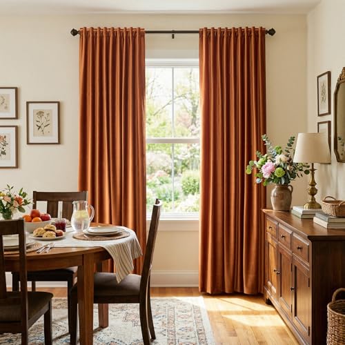 Image of Luxury Orange Velvet Curtains 96 inch Length for Living Room,Elegant 2 Panels Room Darkening Rod Pocket Back Tab Curtain Thermal Insulated Heavy Soundproof Noice Reducing Window Drapes for Bedroom
