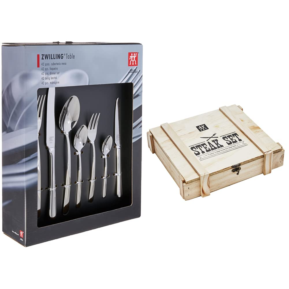 Zwilling Nova - Set de Cubiertos de Mesa, 42 Piezas, Acero Inoxidable, 35 x 25 x 10 cm & Juego de Cubiertos para bistec para 6 Personas, 12 Piezas, 6 Cuchillos para bistec y 6 Tenedores para bistec